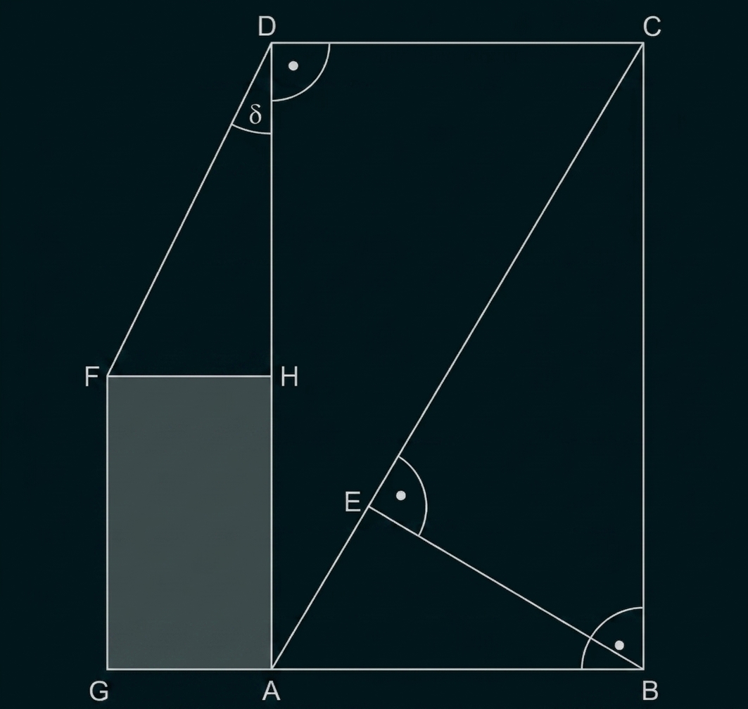 Geometrische Skizze mit markierten Punkten, Linien und einem schattierten Rechteck.